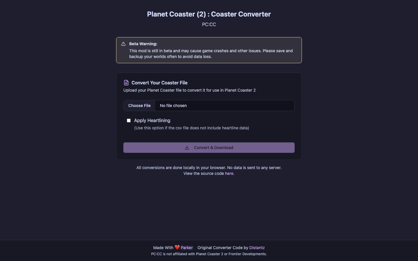 Planet Coaster Coaster Converter file upload interface